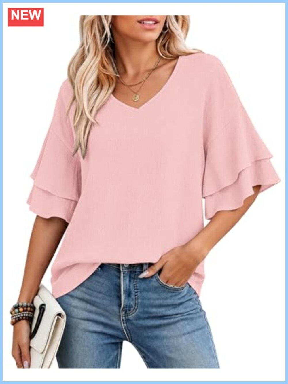 Ruffle Short Sleeve Blouse Women Dressy Casual V-Neck Peasant Top